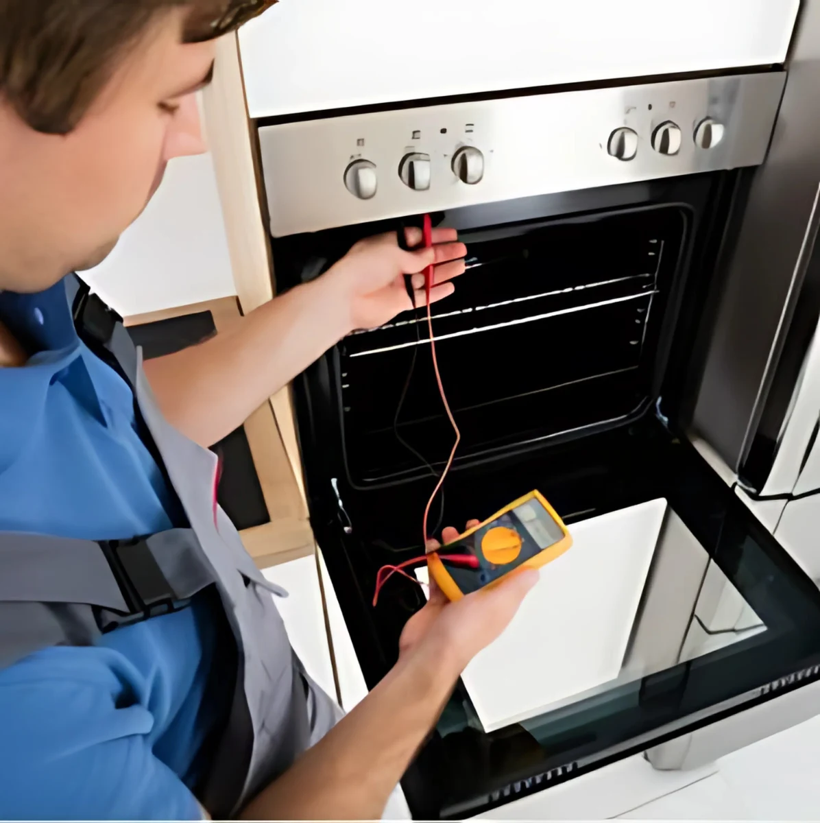 Service maintenance worker repairing Delonghi oven in the kitchen